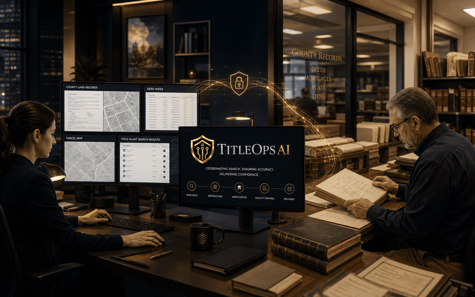 Title search professionals coordinating online and local public-record research