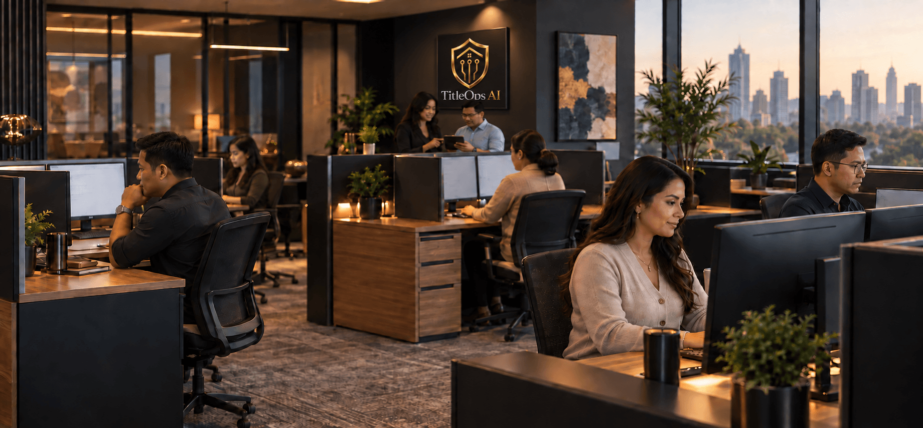 Illustrative view of Filipino title operations professionals working in a modern Manila office with TitleOps AI branding