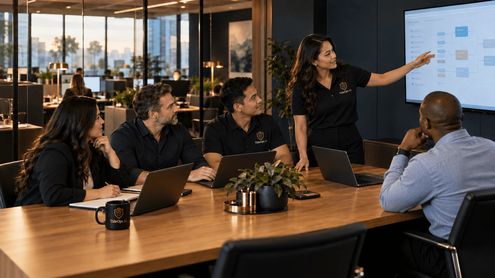 Illustrative TitleOps AI team collaboration in a modern office, with Filipino staff and American supervisors