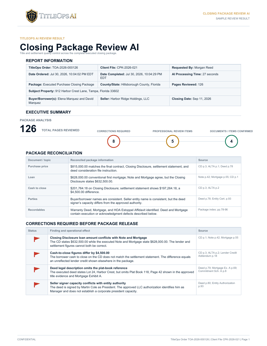 First page of the TitleOps AI Closing Package Review AI sample result