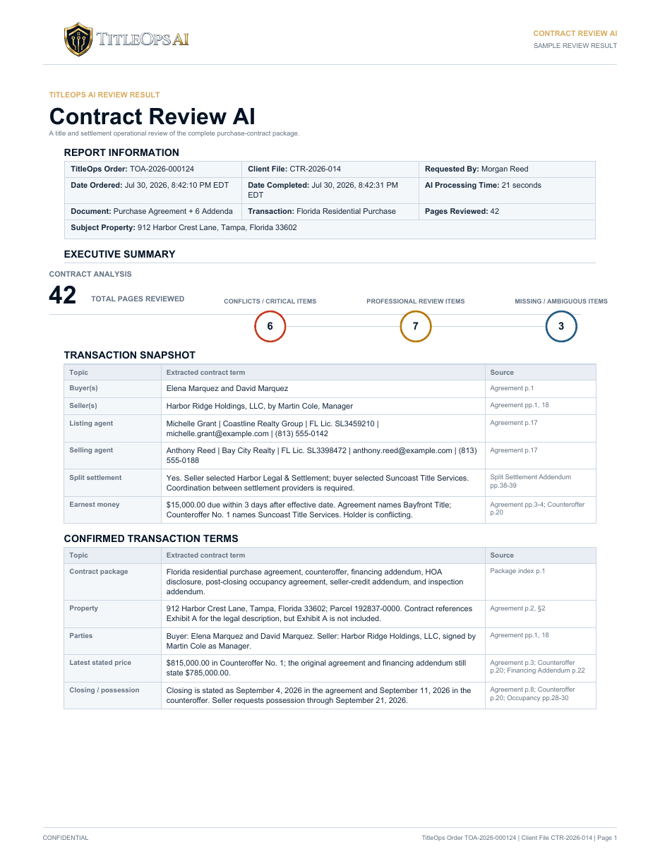 First page of the TitleOps AI Contract Review AI sample result